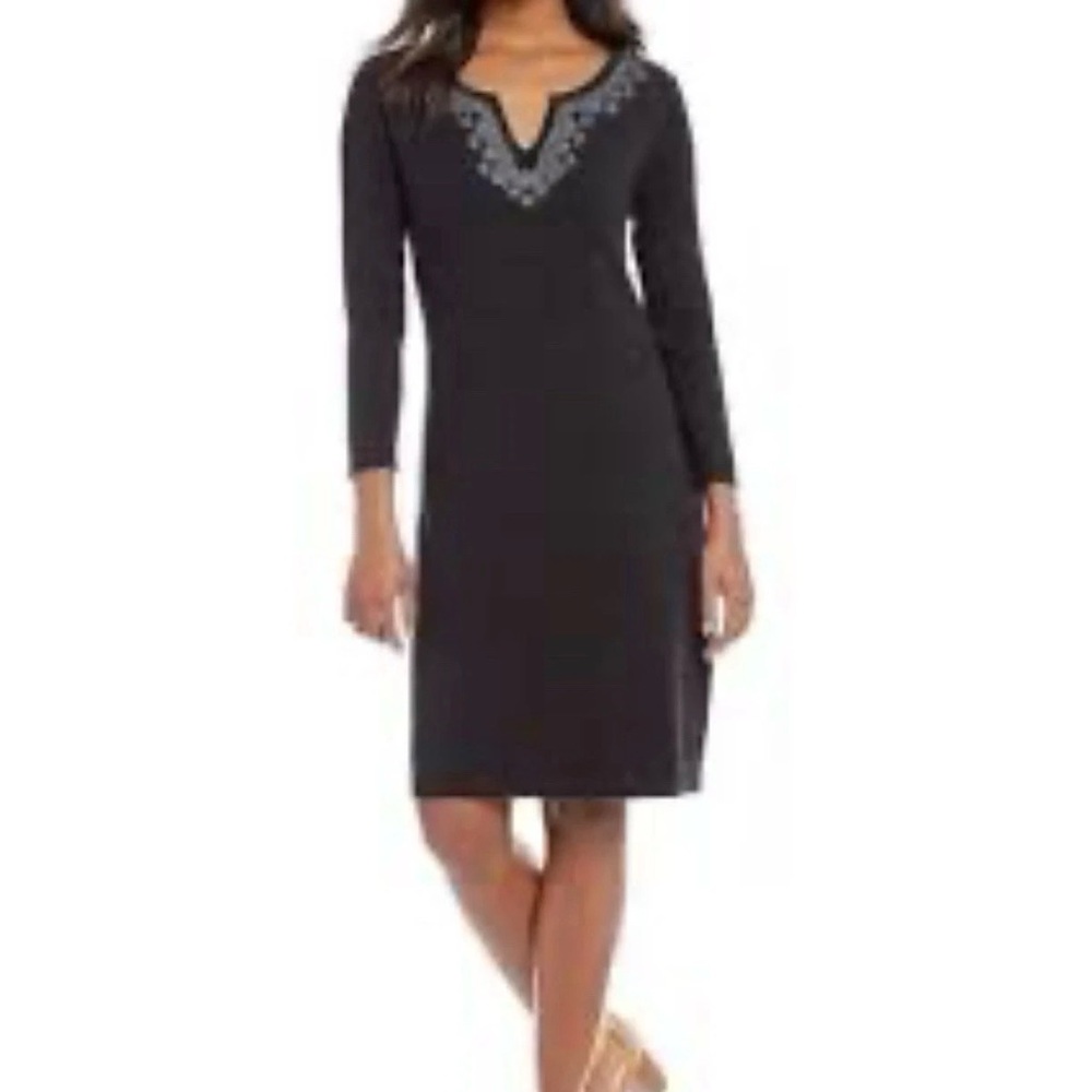 Tommy Bahama Small Pickford Embellished Sweater Dress Black Cotton Beaded Preppy